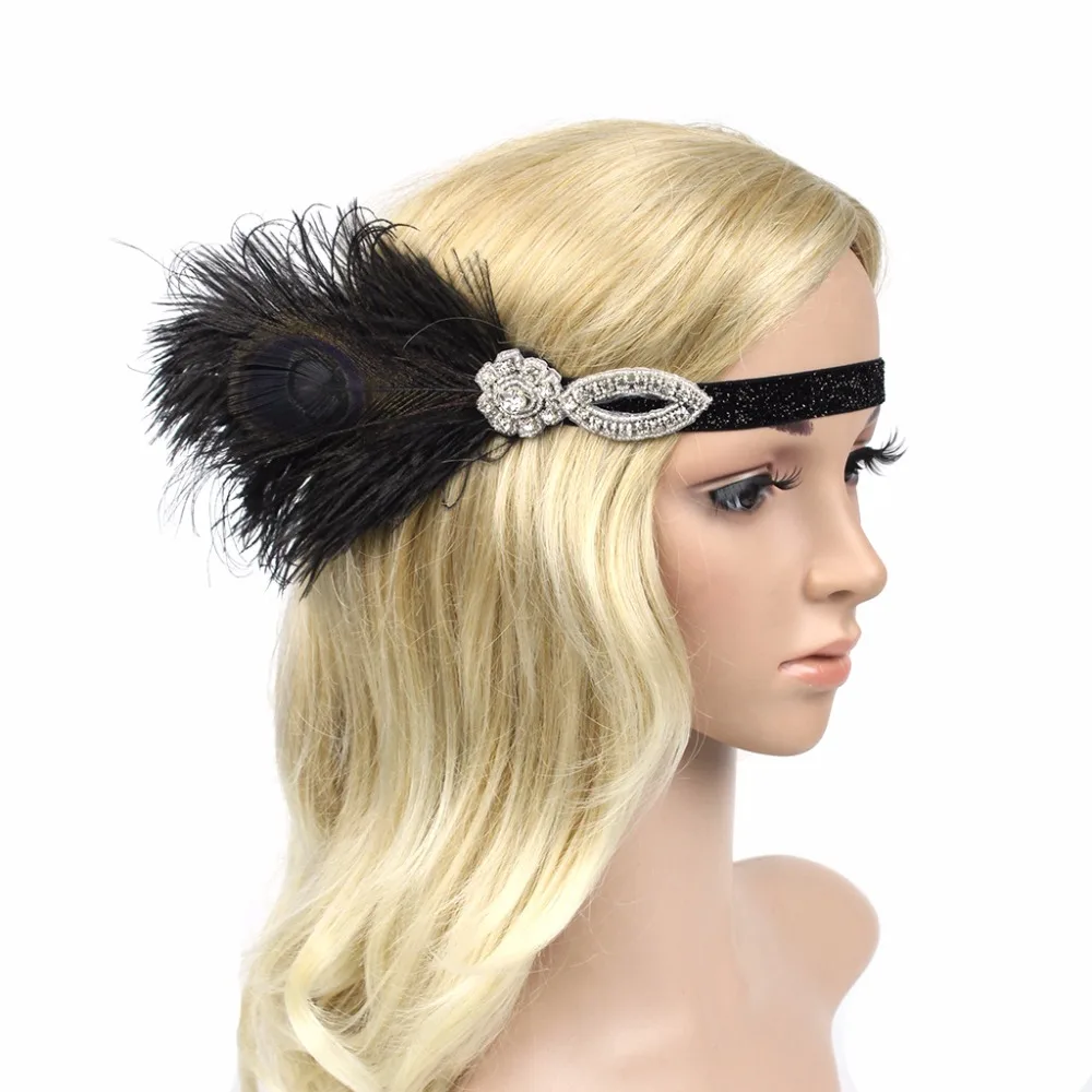 

1920s Flapper Gatsby Party Peacock Feather Headband 20s Sequined Diamond Showgirl Headpiece 100% Handmade Hair Band