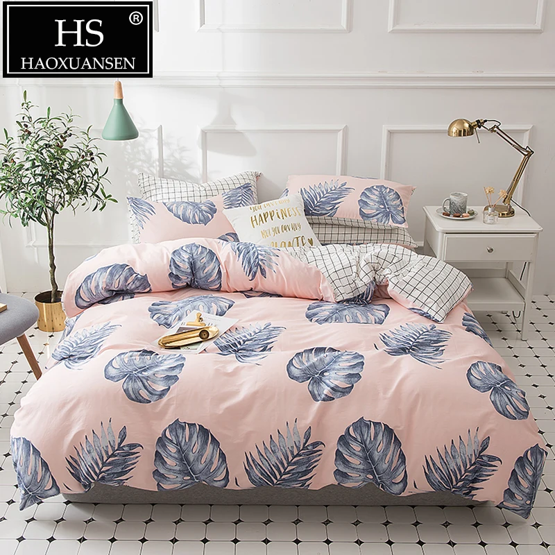 

HS Banana Leaves Pattern Printed 3/4pcs Bedding Sets Fresh Nordic 100% Cotton Bed Linens King Queen Twin Size Duvet Cover Sets