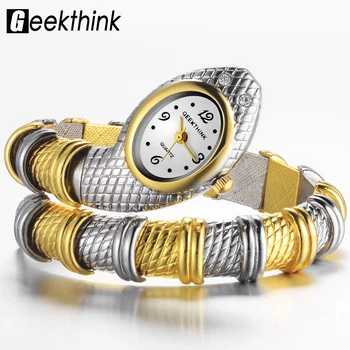 

GEEKTHINK Unique Fashion Brand Quartz Watch Bracelet Women Ladies Snake Dress Watch Bangle Diamond Ornaments Luxury Silver Gold
