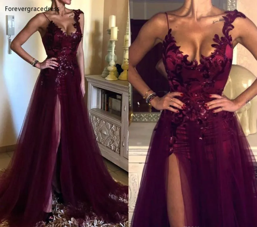 Grape Split Front Evening Dresses 2019 New Sexy Spaghetti Straps A Line Appliques Sequins Long Vestidos Prom Dress bc0820  126 (6)