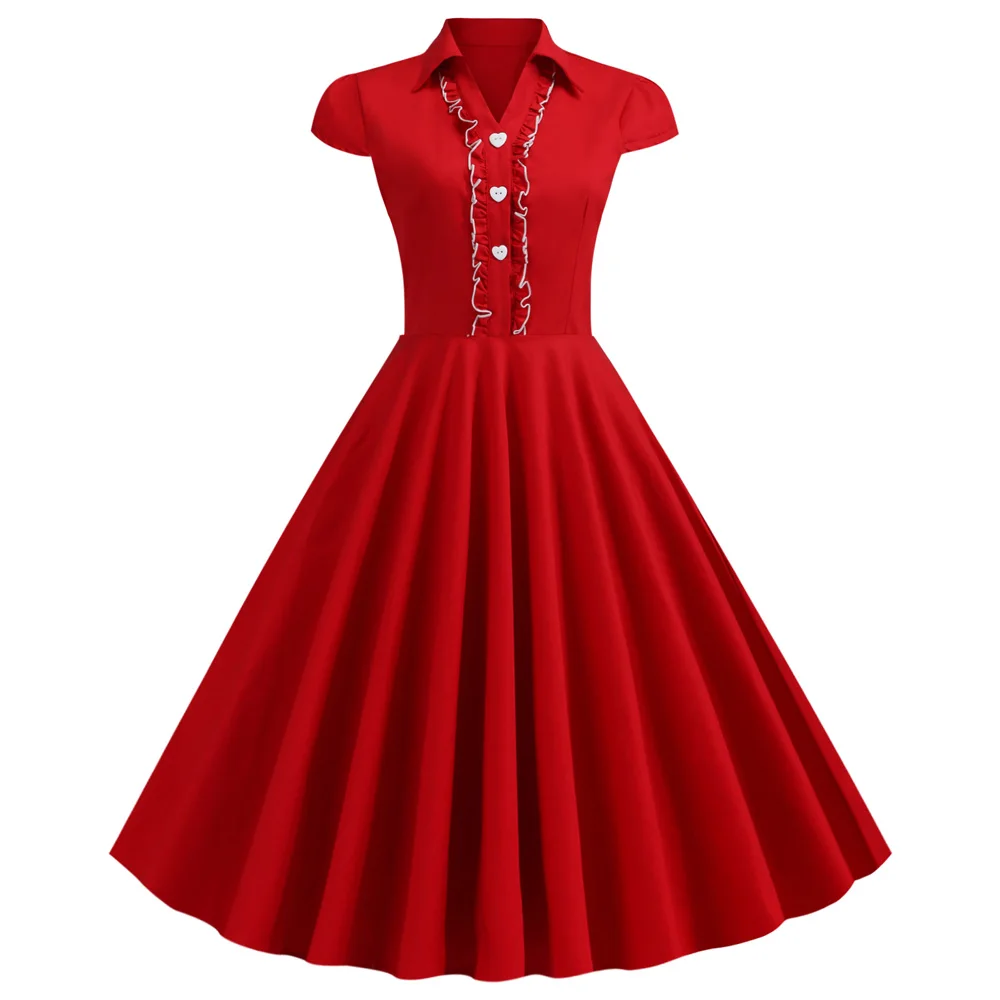 

Joineles Audrey Hepburn Women Retro Dress 60s Turn Down Collar Short Sleeves Cotton Summer Vintage Dress Solid Party Vestidos