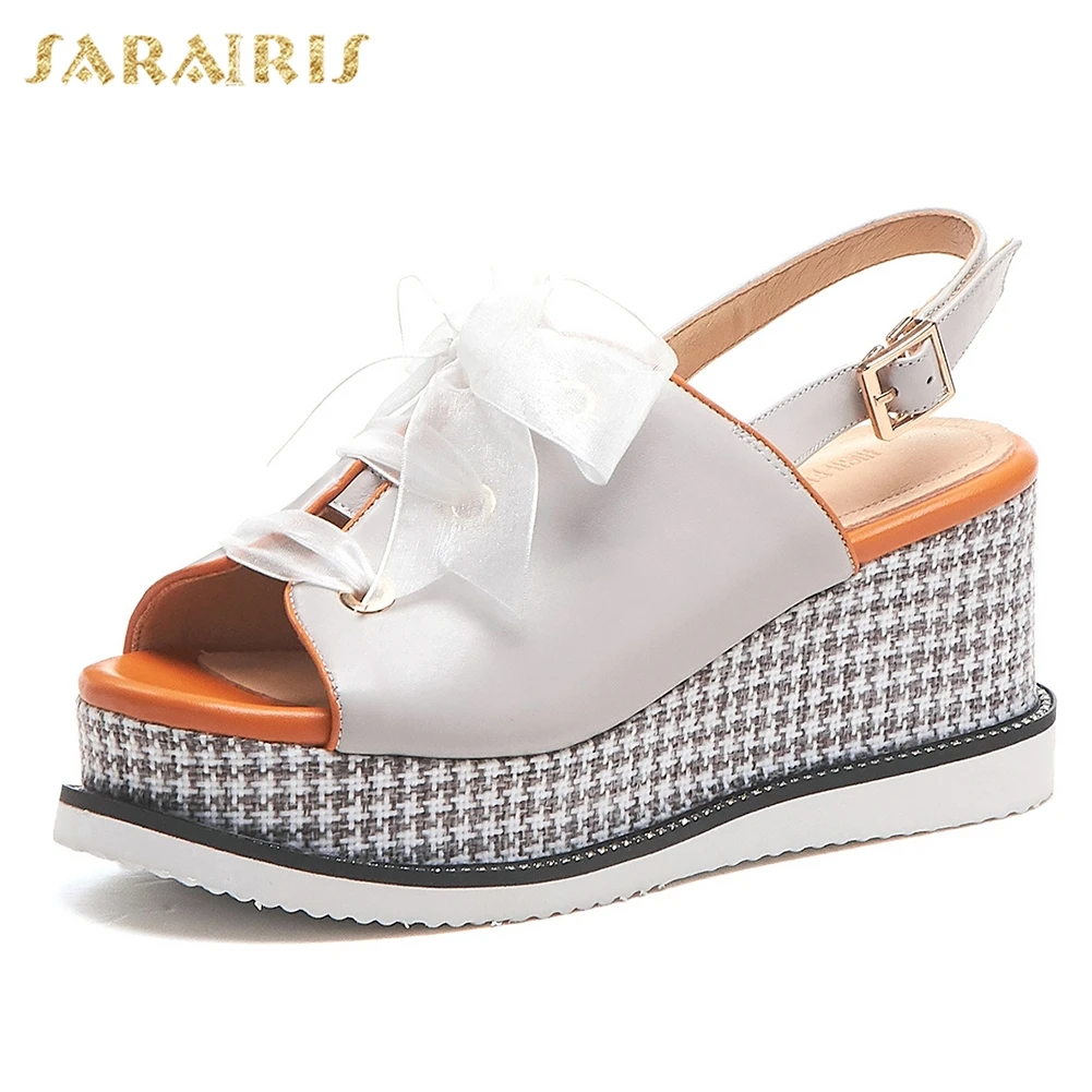 

Sarairis 2019 New Sweet Butterfly Knot Genuine Leather Shoes Sandals Woman Summer Platform Sandals Woman Wedges Shoes Woman