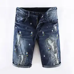Летняя мода Для мужчин s джинсы шорты темно-голубой цвет в Корейском стиле в стиле панк вышивкой рваные Короткие джинсы Для мужчин