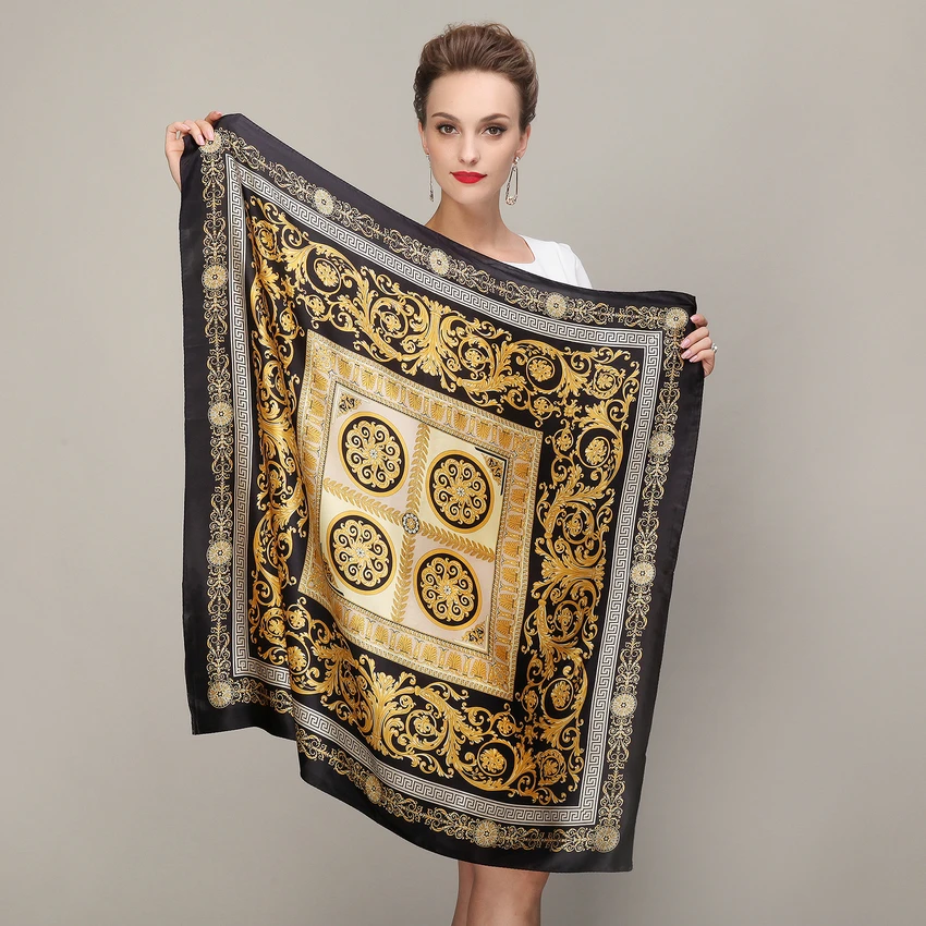 Black Gold Square Scarves 2015 Fashion Ladies Pure Silk 