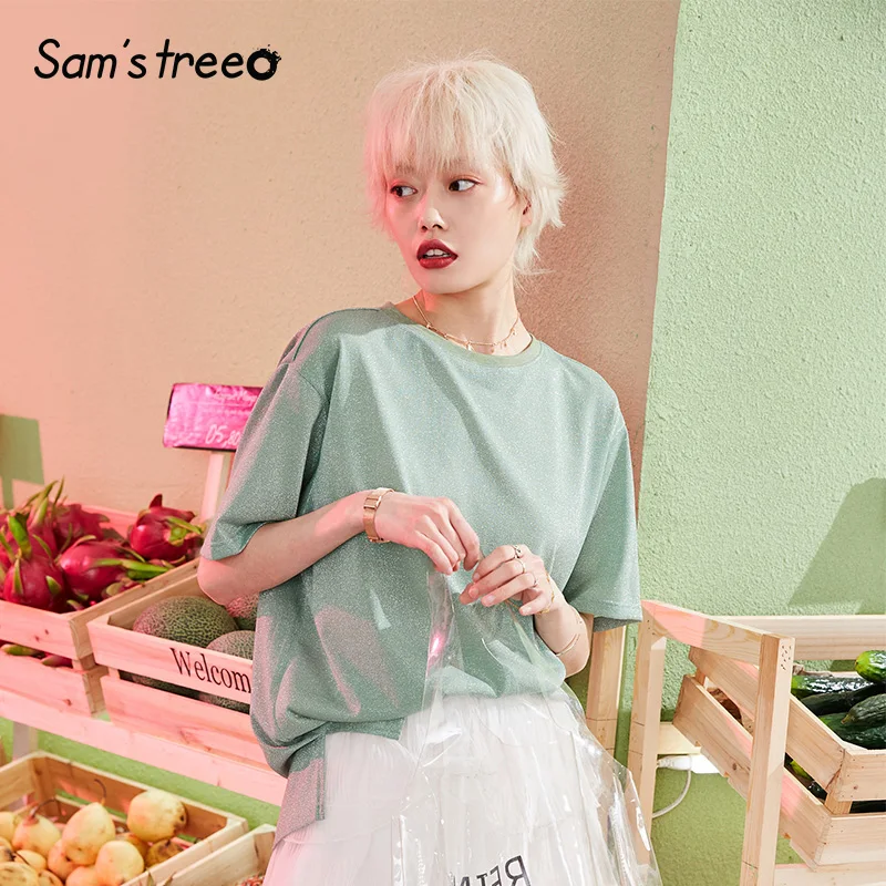 

Samstree Bright Silk T-shirts Design Plus Size Loose Women Shiny Tshirts 2019 Summer Short Sleeve High Street Green Tee and Tops