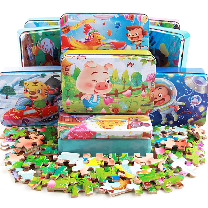 

60 Pcs/box Cute Cartoon Puzzle with Iron Box for Children Jigsaw Wooden Animal Puzzle Early Educational Toys for kids gift