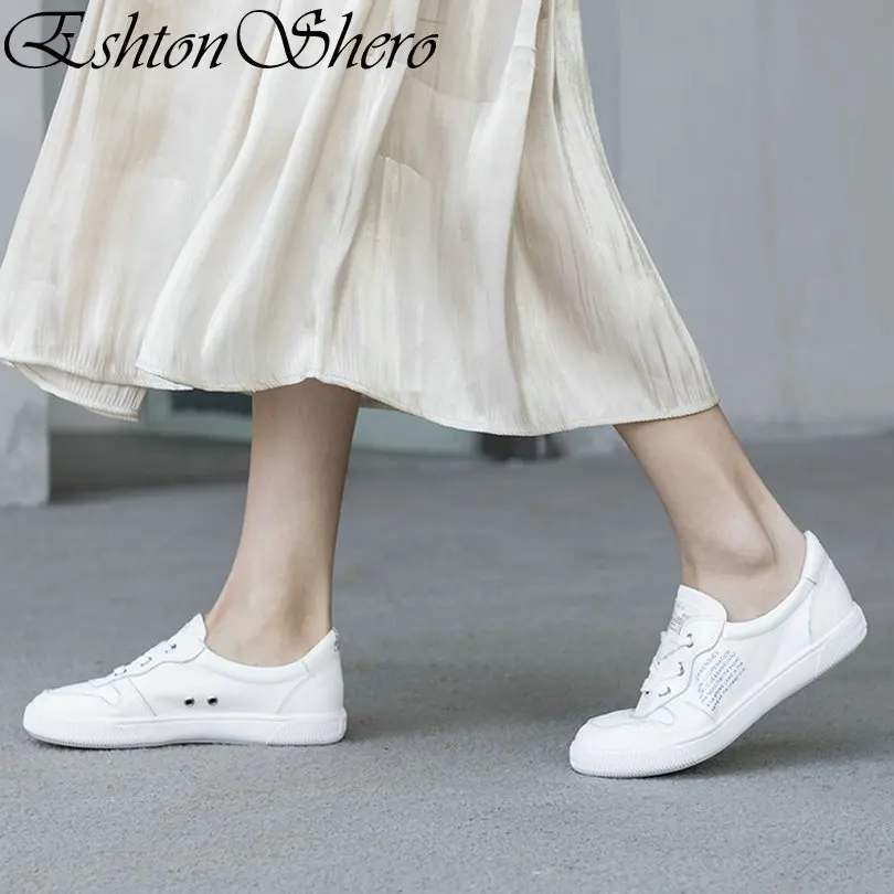 

EshtonShero Autumn Women's White Shoes Flats Genuine Leather+PU Flat Heels Round Toe Basic Ladies Casual Shoes Size 4-8