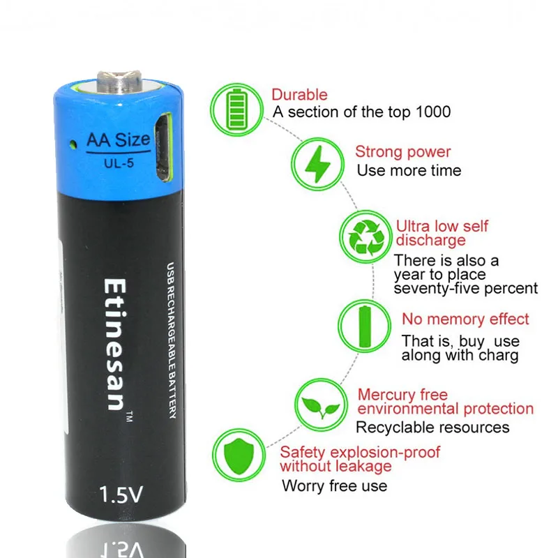 Etinesan 1,5 V AA 1875 mwh литий-полимерные литий-ионные перезаряжаемые литиевые USB аккумуляторные батареи