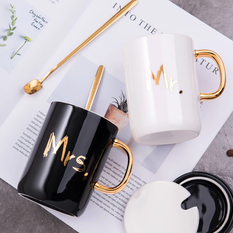 SPSCO 400 мл креативная кружка для влюбленных, керамическая кофейная кружка, чайная чашка с золотой ручкой, подарок для влюбленных с крышкой и ложкой