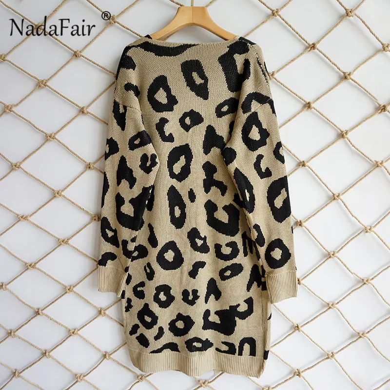 Nadafair леопардовым принтом длинные кардиганы для женщин женская зимняя одежда Открыть стежка осень карманов тонкий повседневное вязаный