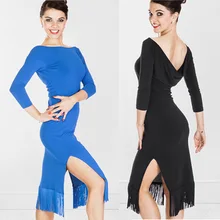 Женская юбка для латинских танцев с длинным рукавом, цельное платье для латинских танцев, юбка с кисточками для латинских танцев