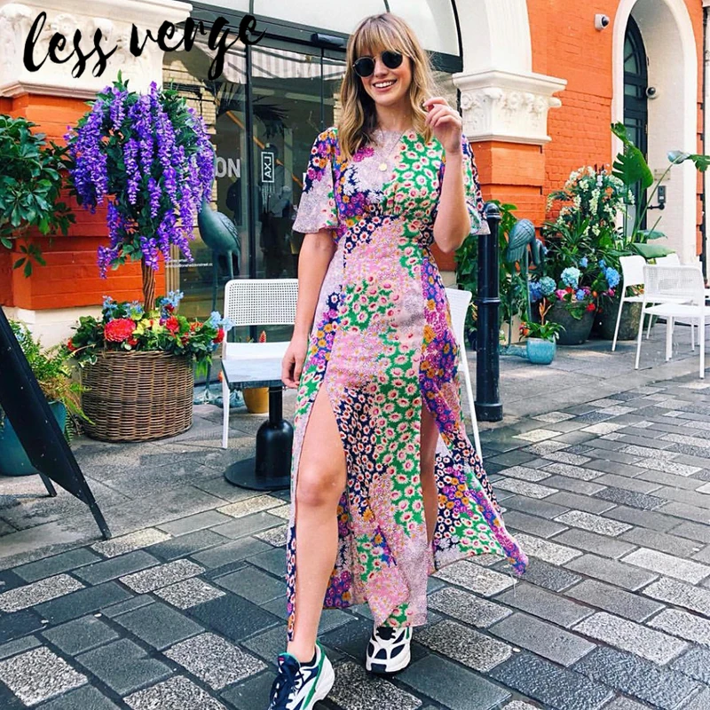 

lessverge Floral print vintage long dress Sexy backless boho split maxi dress casual Elegant women summer party dress beach