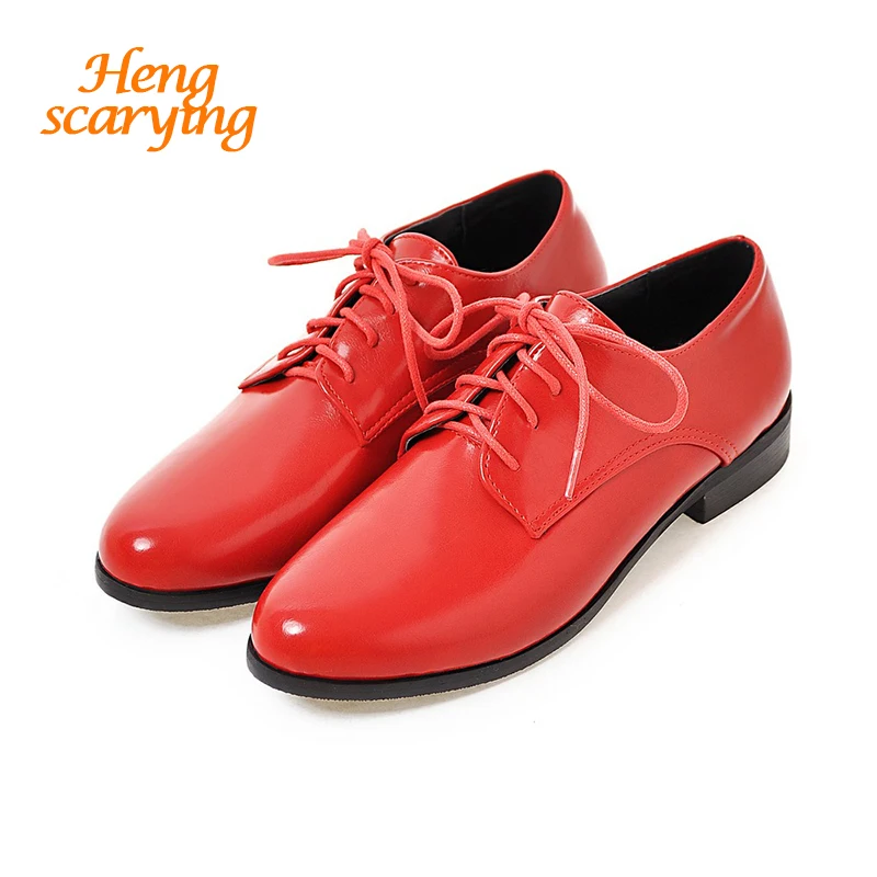 

2018 Plus Size 13 Women Lace Up Leather British Saddle Shoes Female Rubber Glossy Leather Vulcanization Flats Lady Office Shoes