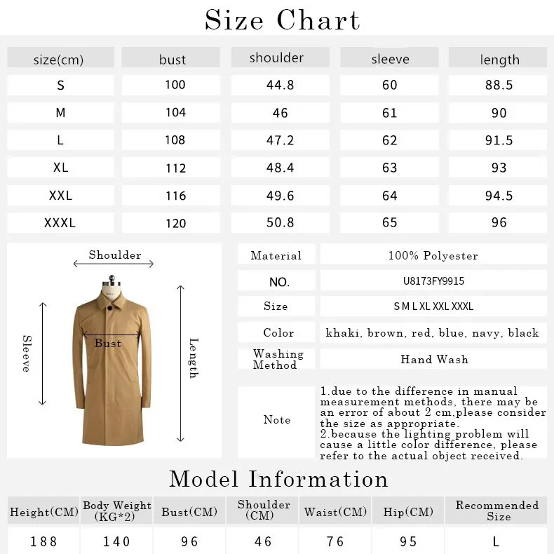 Новое поступление мужской однобортный Тренч средней длины плащ хаки модное мужское пальто тонкий Тренч S-3XL