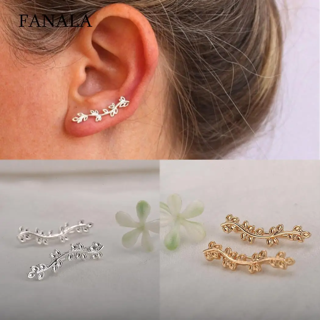 Plated Leaf Leaves Stud Earrings Climbers Olive Leaf Women Ear Clip for