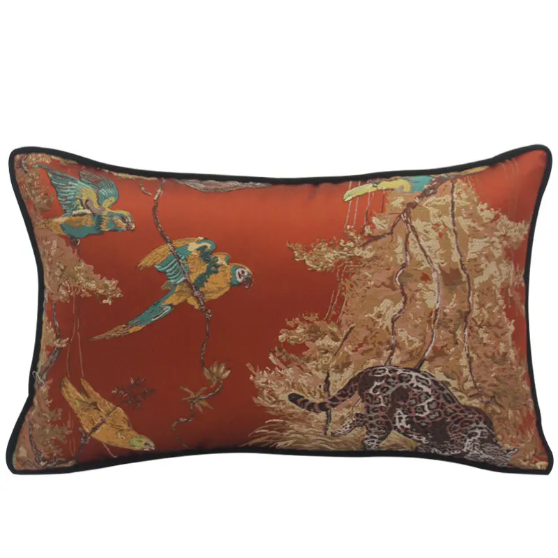 

DUNXDECO Cushion Cover Decorative Pillow Case Vintage Chinese Style Animal Collection Leopard Parrot Embroidery Orange Coussin
