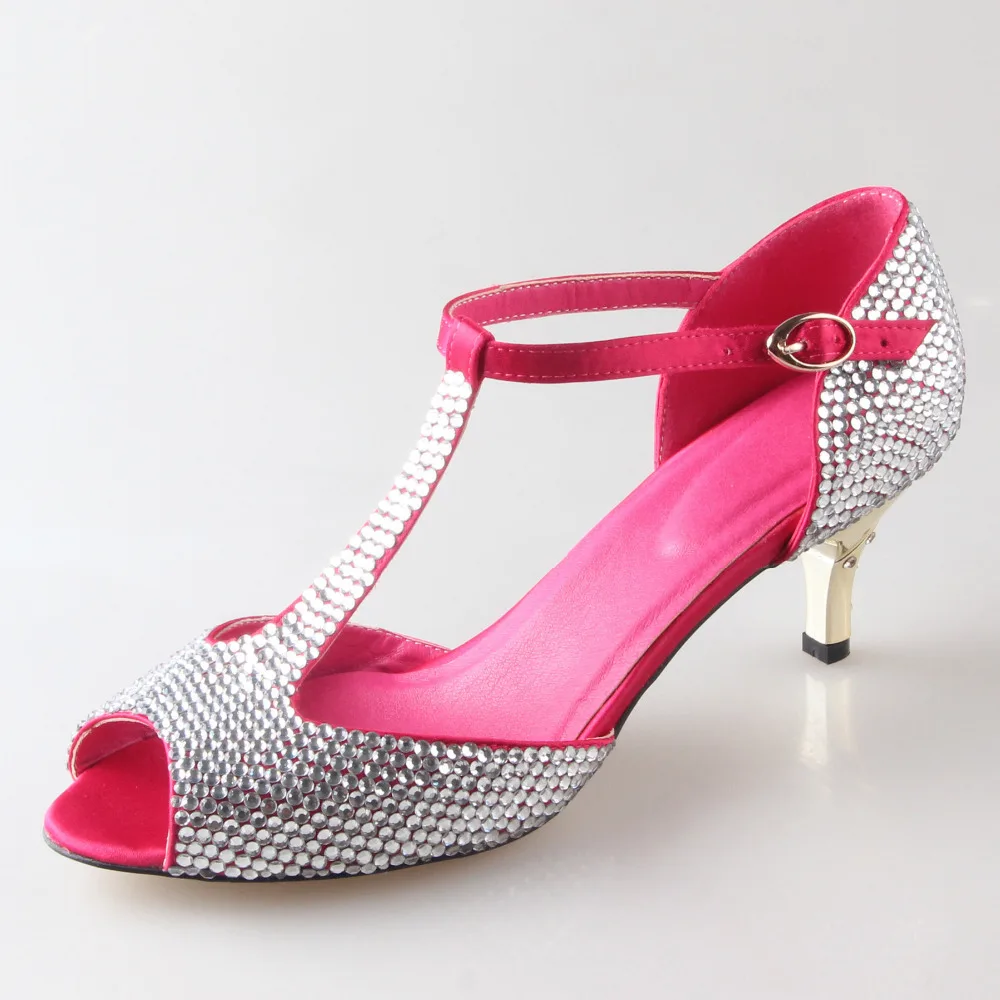 Handmade fuchsin shoes with clear rhinestone T strap dress woman shoes tropical wedding bridal pumps quinceanera cocktail heels