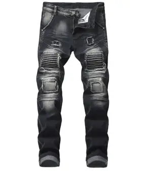 

Men Distressed Jeans Runway Slim Racer Biker Jeans Fashion Hiphop Straight Jeans For Men Black