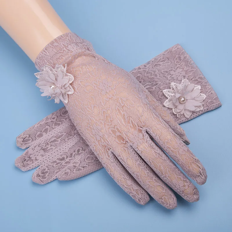 Кружевные летние солнцезащитные Короткие наручные перчатки, весенние модные перчатки с сенсорным экраном и УФ-защитой от солнца, перчатки для вождения автомобиля, вечерние женские перчатки Guantes Mujer - Цвет: Floral Bean Red