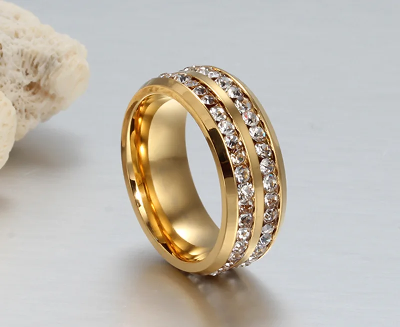 YINHED никогда не выцветает кольцо из нержавеющей стали золотого цвета модные ювелирные изделия 2 ряда Циркон Кристалл обручальные кольца для женщин и мужчин ZR190