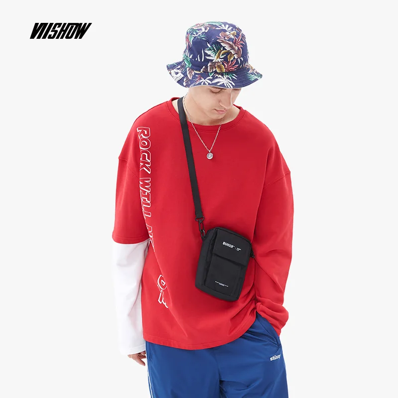 

Viishow new autumn long sleeve t shirt men brand clothing simple design fashion Letter printed tshirt for men tees Red TC1670183