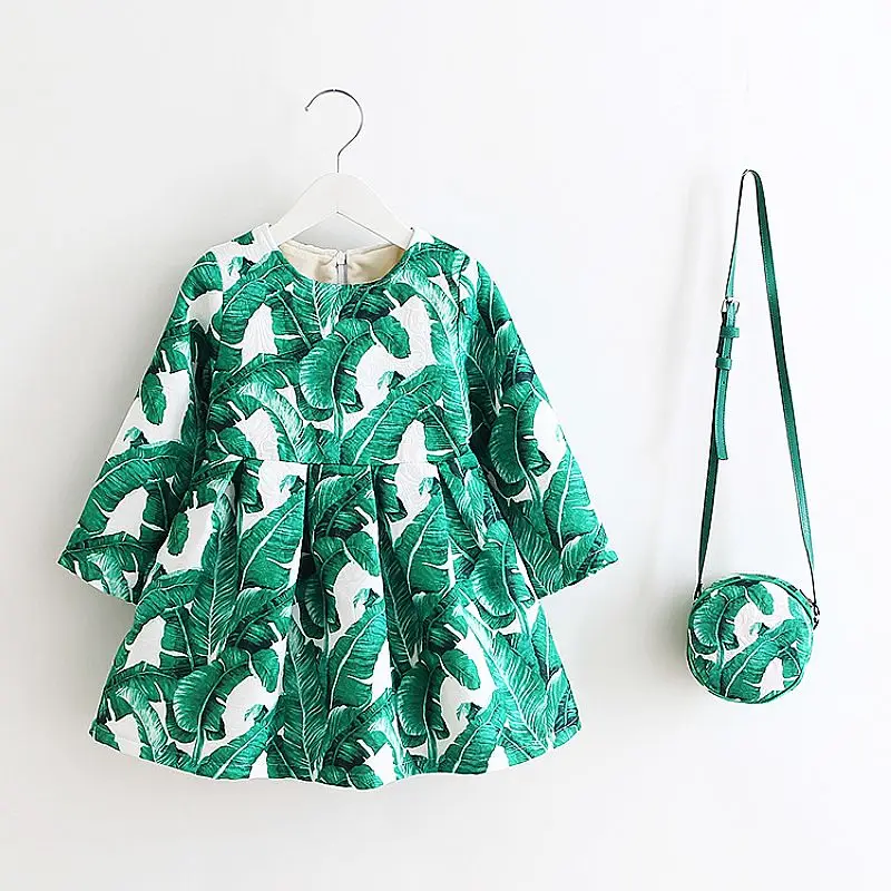 Long Sleeve Dress Girl Christmas Dress 2021 Autumn Winter Floral Print Toddler Girl Dresses Kids Clothes Children Dress with Bag cute baby dresses Dresses