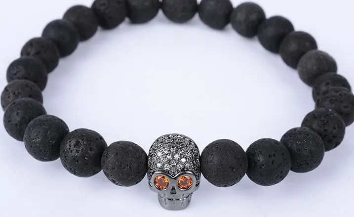 

8mm xy434 silver gold copper skull micro pave cz zircon cubic zirconia Bracelet black volcanic lava stone Buddha Yoga Bangles