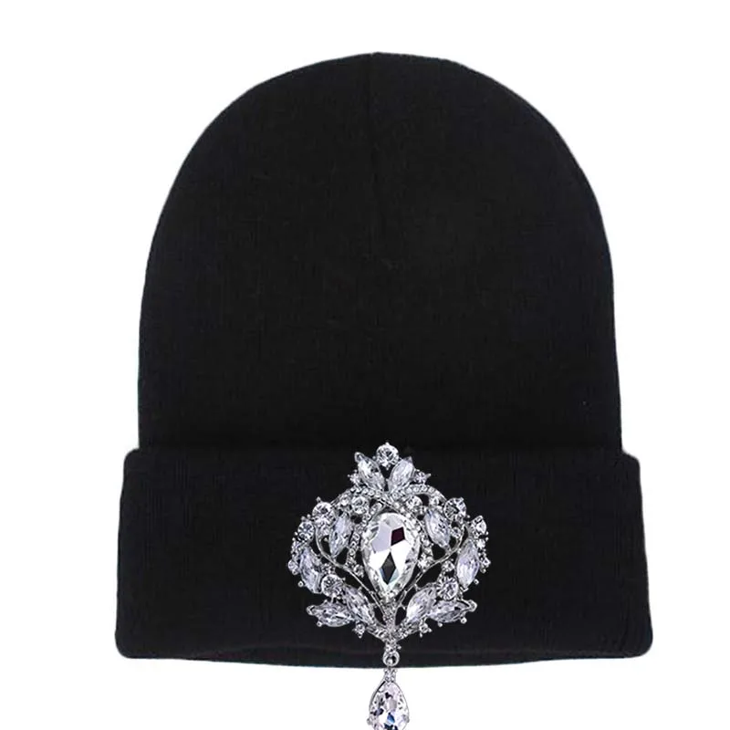 Вязаные женские зимние шапки Skullies Beanies шапки роскошные стразы украшения Головные Уборы Женские gorro feminino touca inverno - Цвет: black
