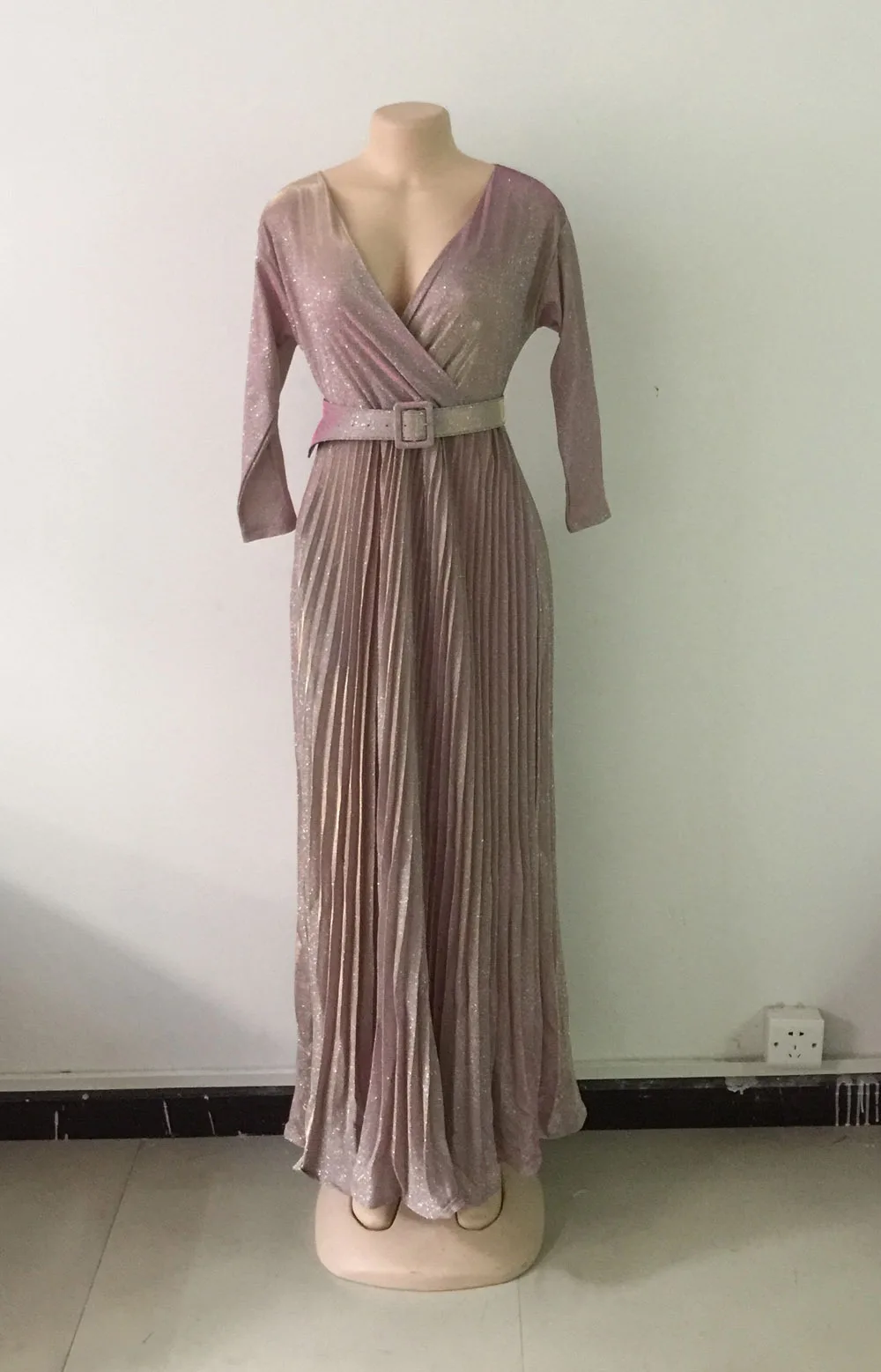 Ceny Kobiety Maxi sukienka elegancka strona plisowana świętuj V Neck z pasem biodrowym elegancka odzież damska odzież błyszcząca afrykańska popularna tunika