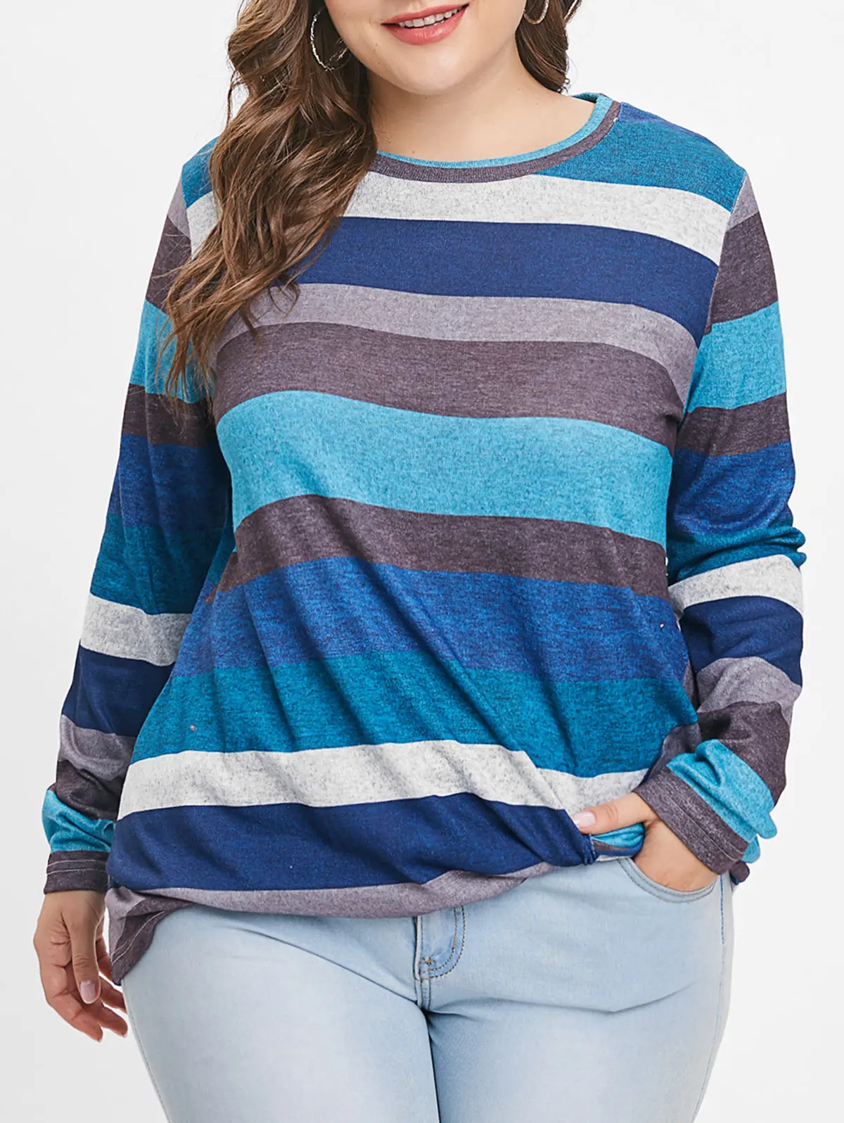 Rosegal размера плюс полосатая панельная футболка Twist, женские пуловеры, Модная хлопковая Футболка с круглым вырезом и длинным рукавом, женские топы, футболки, одежда - Цвет: Blue