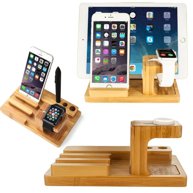 Multi Device Desktop Bamboo Wood Charging Station Dock Stand Holder Multi Device Desktop Bamboo Wood Charging Station Dock Stand Holder For Iphone Iwatch Support Ipad Mini