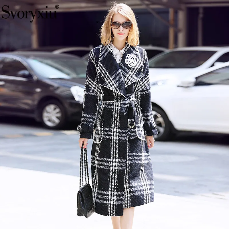 

Svoryxiu Designer Winter Vintage Plaid Overcoat Outwear Women's High Quality Manual Beading Thick Wool Blended luxury Long Coat