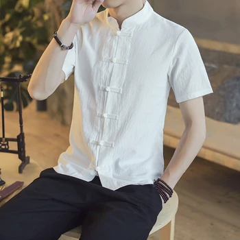 

Cotton Linen Shirt Men Short Sleeve Shirts Chinese Traditional Cloths Frog Button Casual 2019 Summer Male Shirts