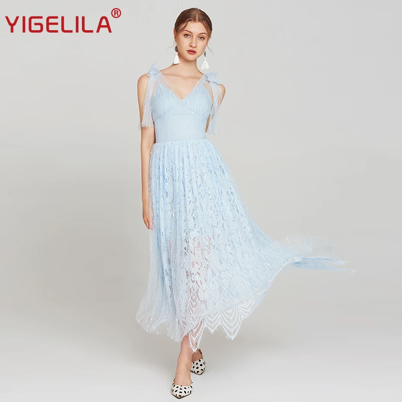 YIGELILA 2019 летнее женское Бандажное кружевное платье Модная Спагетти ремень Лук