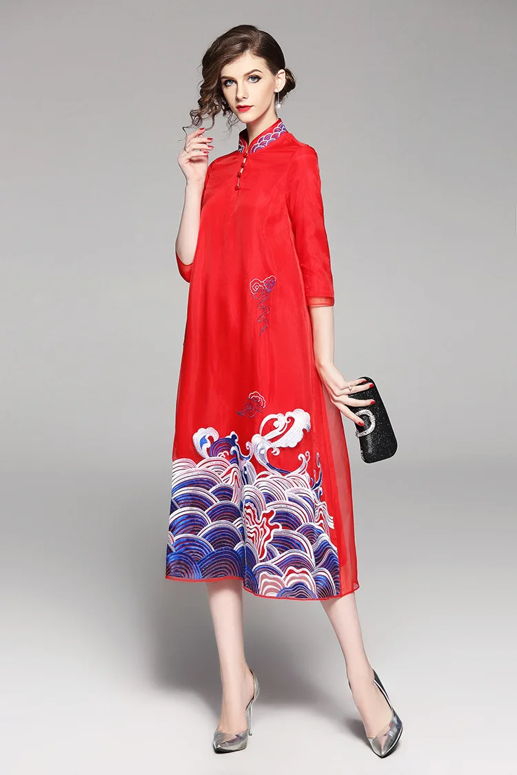 Высокая-конец весны Лето Женщины китайский стиль цветочный платье вышивка Cheongsam элегантный тонкий леди трапециевидной формы Qipao