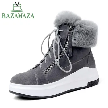 

ZALAVOR Fashion New Winter Snow Boots Women Flats Nubuck Leather Zipper Real Leather Keep Warm Fur Shoes Women Size 33-40