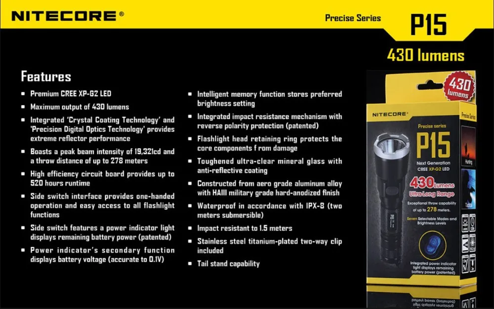 Nitecore P15 Cree XP-G2 (R5) 430 люмен тактический фонарик 18650 Батарея для самообороны