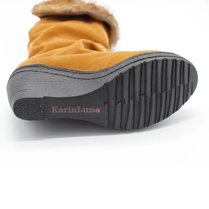 Женские теплые меховые ботинки KarinLuna, ботинки для снежной погоды, на танкетке и высоком каблуке, обувь до колена, большие размеры 34–43, для зимы