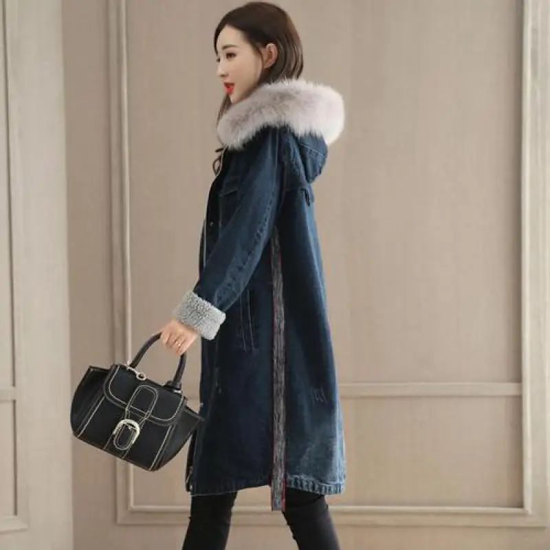 Harajuku Women Denim Parka Feminino 2018 New Winter Warm Wool Liner Winter Jacket Ladies Meidum Long Hooded Faux Fur Collar Coat Harajuku Women Denim Parka Feminino 2018 New Winter Warm Wool Liner Winter Jacket Ladies Meidum Long Hooded Faux Fur Collar Coat