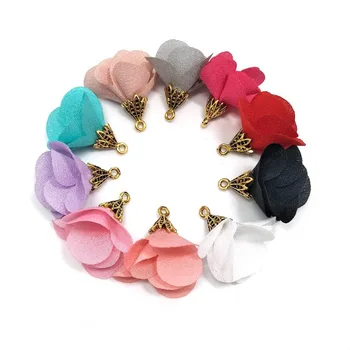 

100pcs Chiffon Flower Tassel 2.2cm Gold Cap Pendants For Jewelry Diy Earring Findings Keychain Bag Charms Accessories