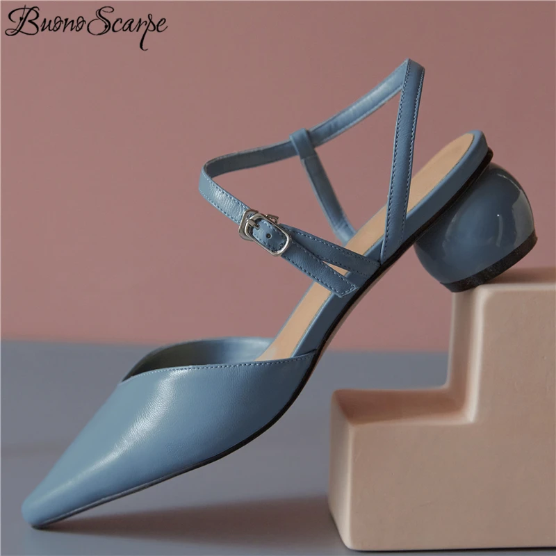

2019 New Ponted Toe Women Genuine Leather Sandals Med Round Heel Sandals Summer Shoes Ankle Strap Shallow Wedding Pumps Sandals