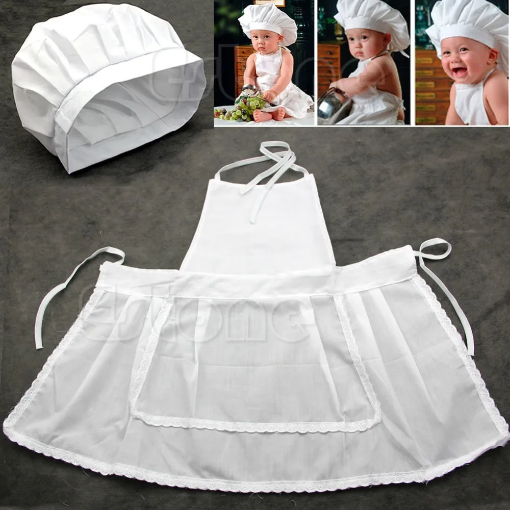 

White Cute Baby Prop Newborn Infant Photos Photography Hat Apron Cook Costume