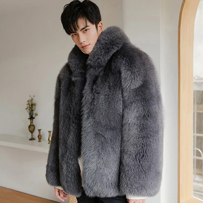 Мужское пальто из лисьего меха, мужская куртка с капюшоном, мужское зимнее пальто - Цвет: gray