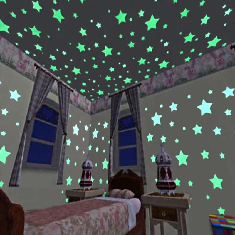 100pcs 3D Stars Glow In The Dark Luminous Fluorescent  Kid Bedroom Wall Stickers 