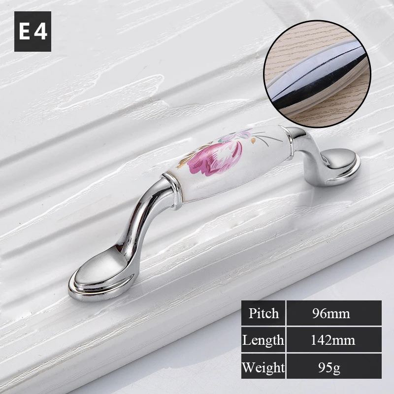 2 шт тюльпан керамическая дверная ручка серебряный ящик тянет винтажный цветочный шкаф кухонный шкаф ручки и ручки мебельная фурнитура - Цвет: E4
