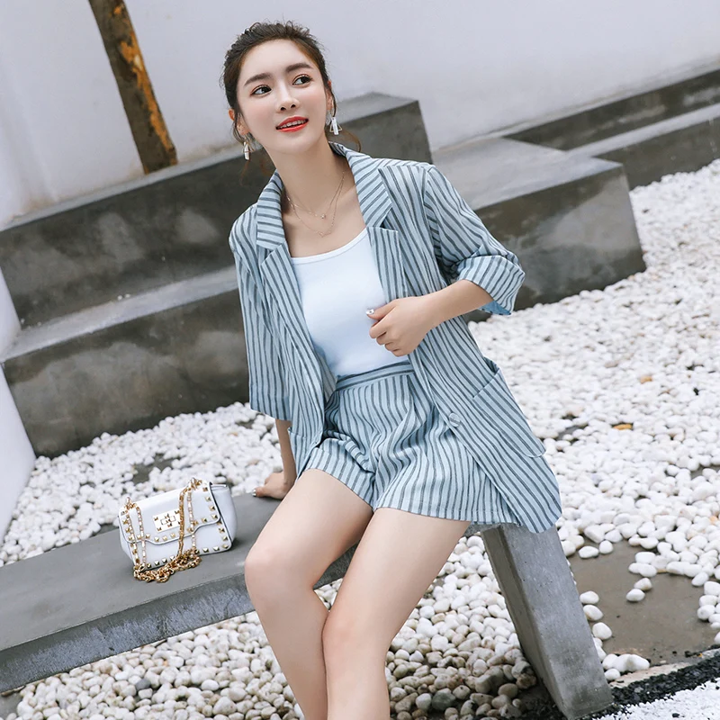 

BGTEEVER Summer Striped Work Sets Short Suits for Women Thin styel Blazer & Hot Shorts Ladies Suit 2 Pieces Set 2018 Feminino