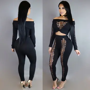 

2019 New fashion sexy slash neck bandage hollow out solid Women Ladies Clubwear Hollow Playsuit Bodycon Party Jumpsuit Trousers