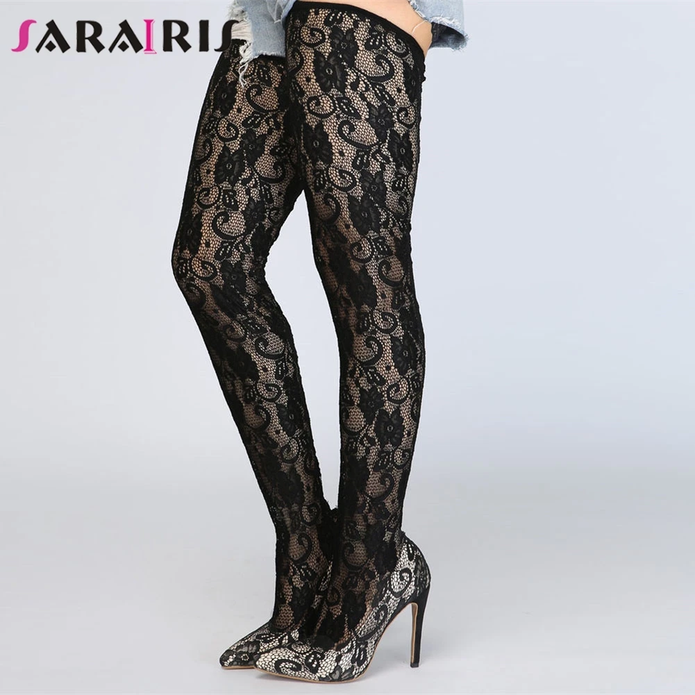 

SARAIRIS Plus Size 34-47 New Lace Pointed Toe Thin High Heels Shoes Woman Casual Party Sexy Spring Summer Over The Knee Boots