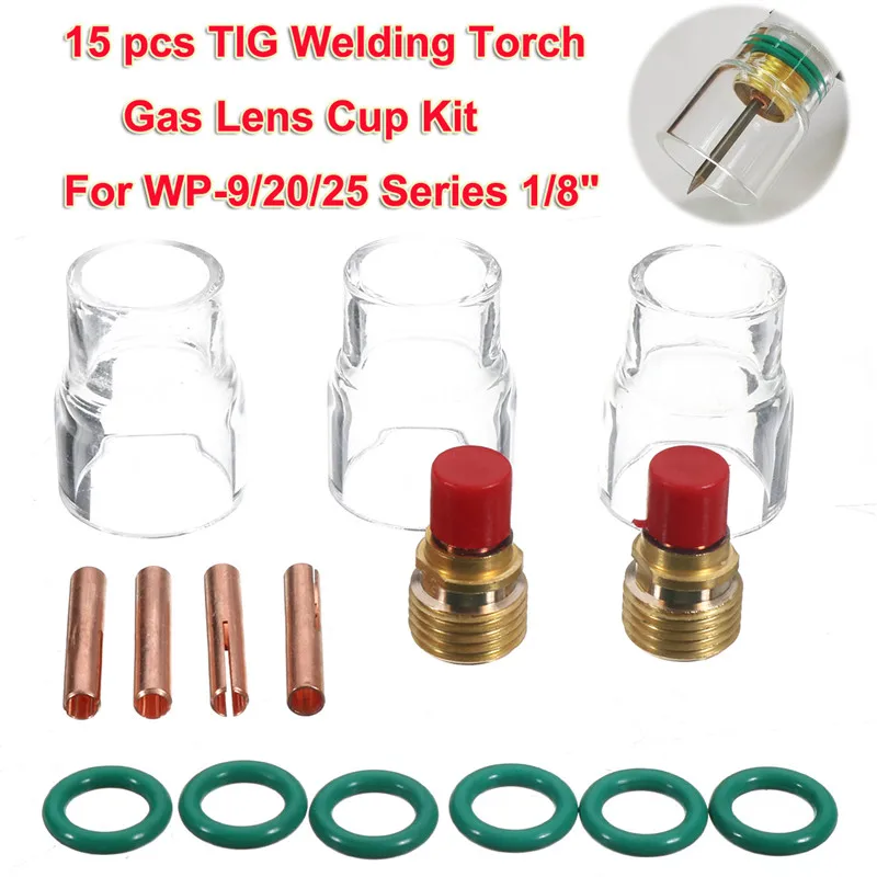 

15pcs TIG Welding Torch Gas Lens Kit 12 Cup for WP-9/20/25 Series 1/8" Freeshipping Welding Equipment Gas Lens Cup Collets