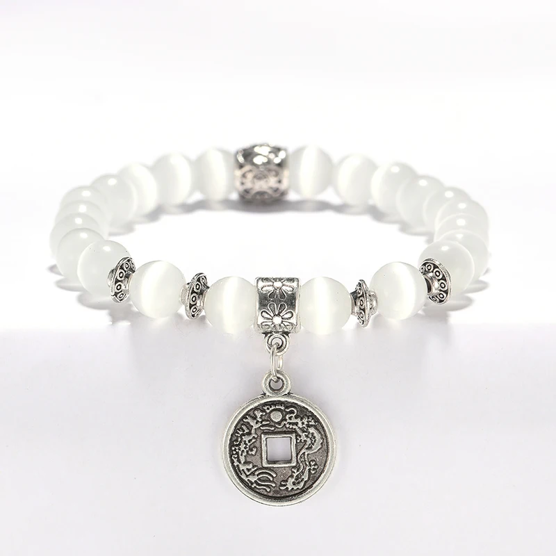 Модный этнический браслет с лунным камнем антикварная серебряная монета перо опал браслет для женщин мужчин Йога ювелирные изделия для медитации Bijoux Femme